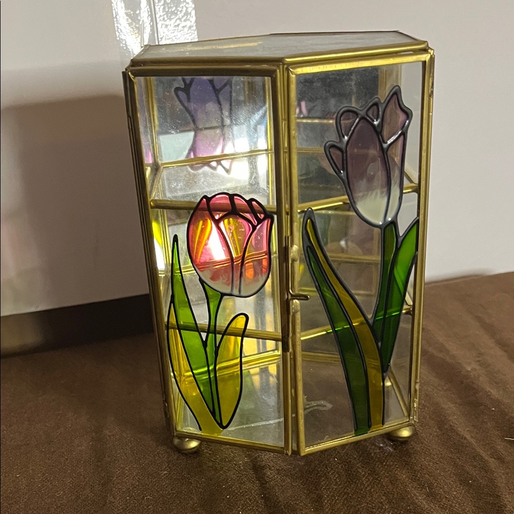 😄Vintage miniature curio cabinet stain glass mirrors
